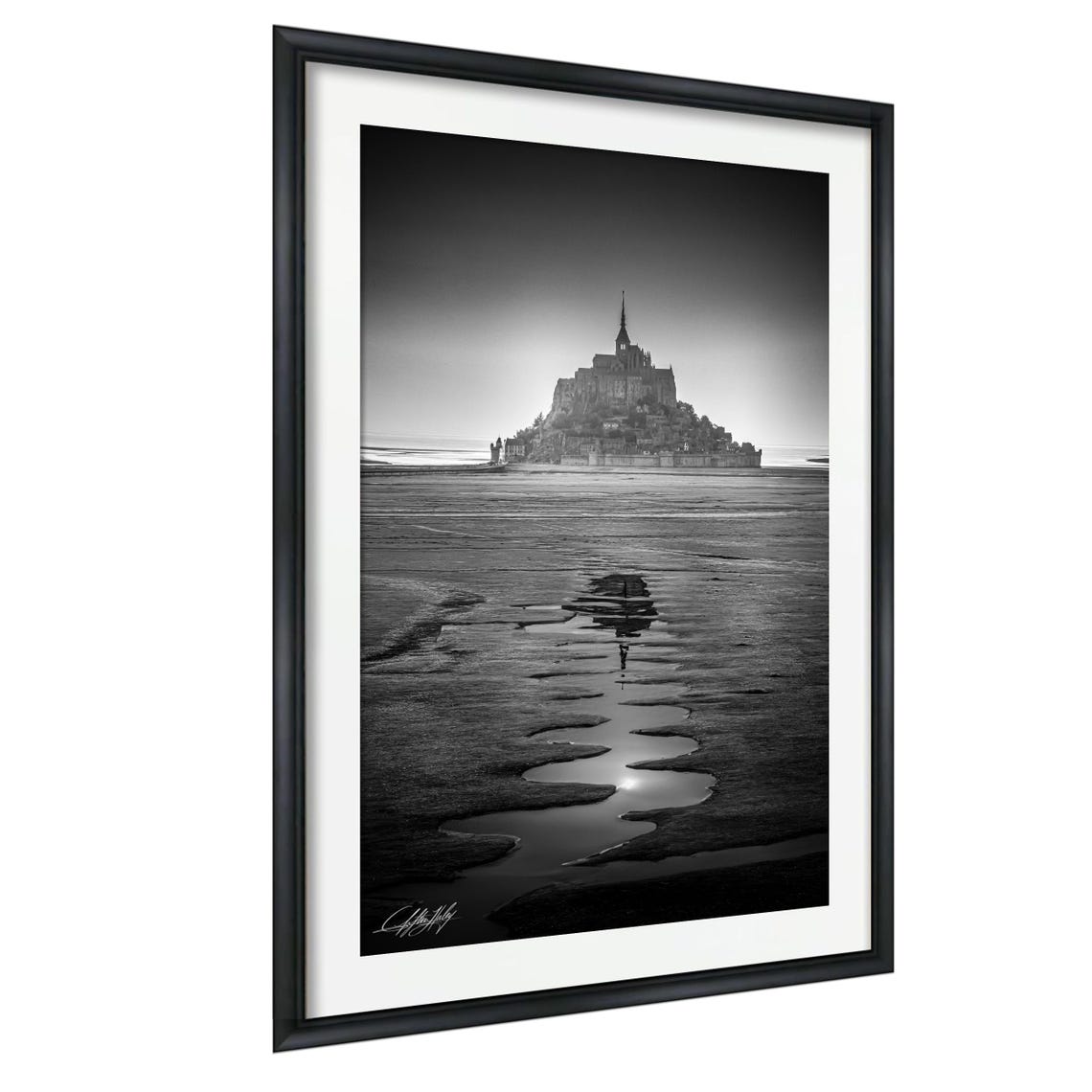 Mont Saint Michel Abbey Black And White Tidal Reflection Poster