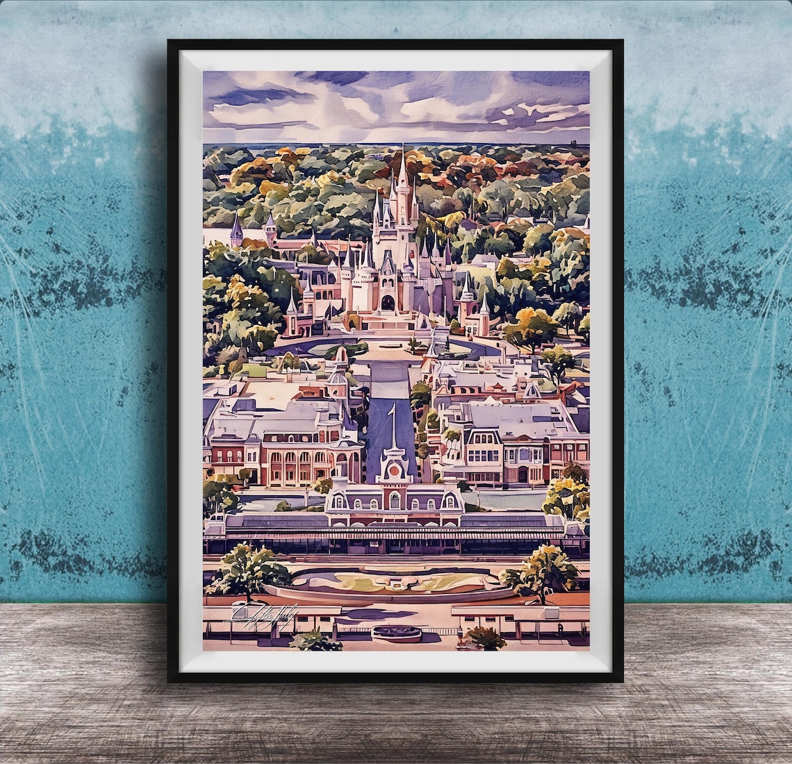 Disney Castle At Dusk Over Orlando Main Street Theme Park Watercolor Poster
