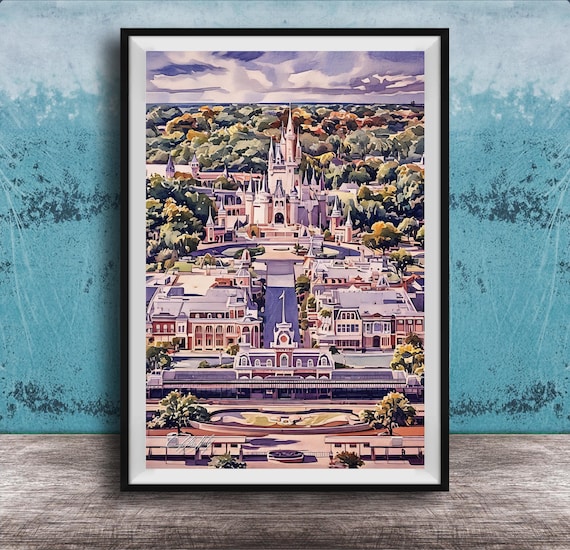 Disney Castle At Dusk Over Orlando Main Street Theme Park Watercolor Poster