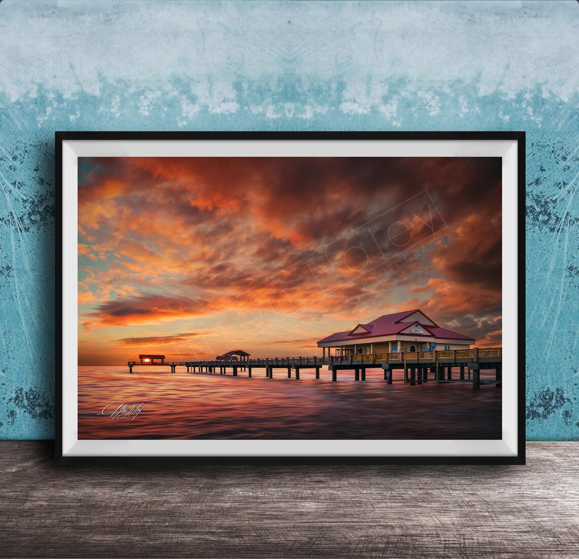 Pier 60 Sunset Glowing Over Calm Gulf Waters And Wooden Dock Photo Print