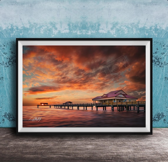 Pier 60 Sunset Glowing Over Calm Gulf Waters And Wooden Dock Photo Print