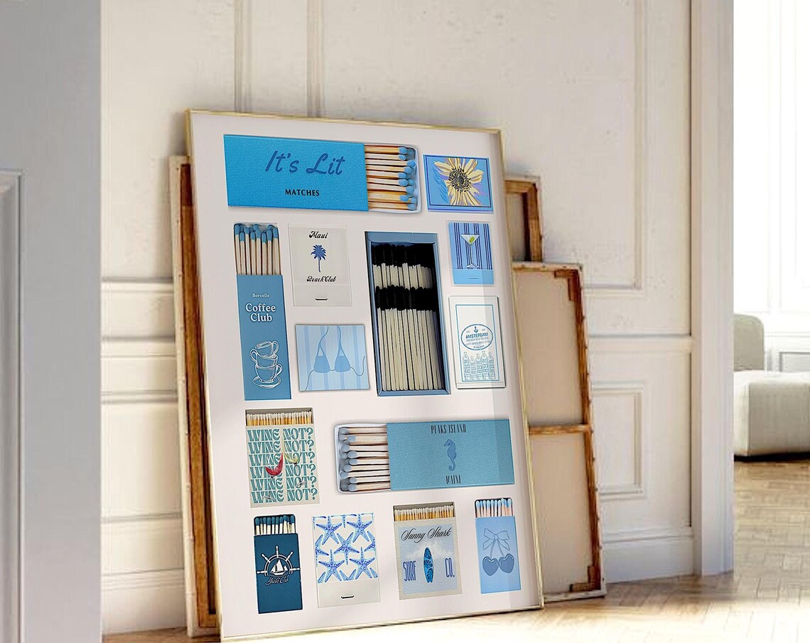 Blue Matchbox Collage Coastal Aesthetic Trendy Matchbook Poster - Image 3