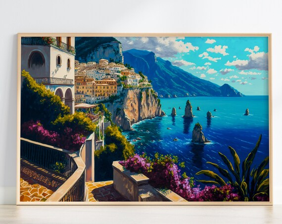 Colorful Amalfi Coast Cliffside Town Bright Blue Sea View Poster