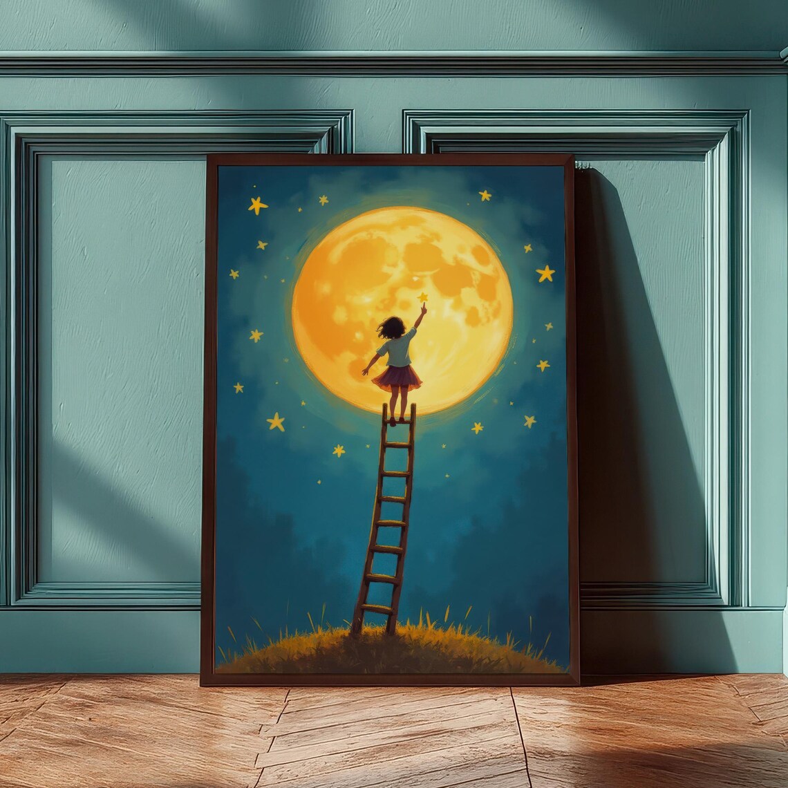 Little Girl Reaching For Stars Moonlit Ladder Dreamy Nursery Wall Art
