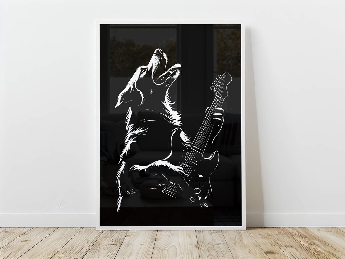 Dog Playing Electric Guitar Poster Black White Rock Music Funny