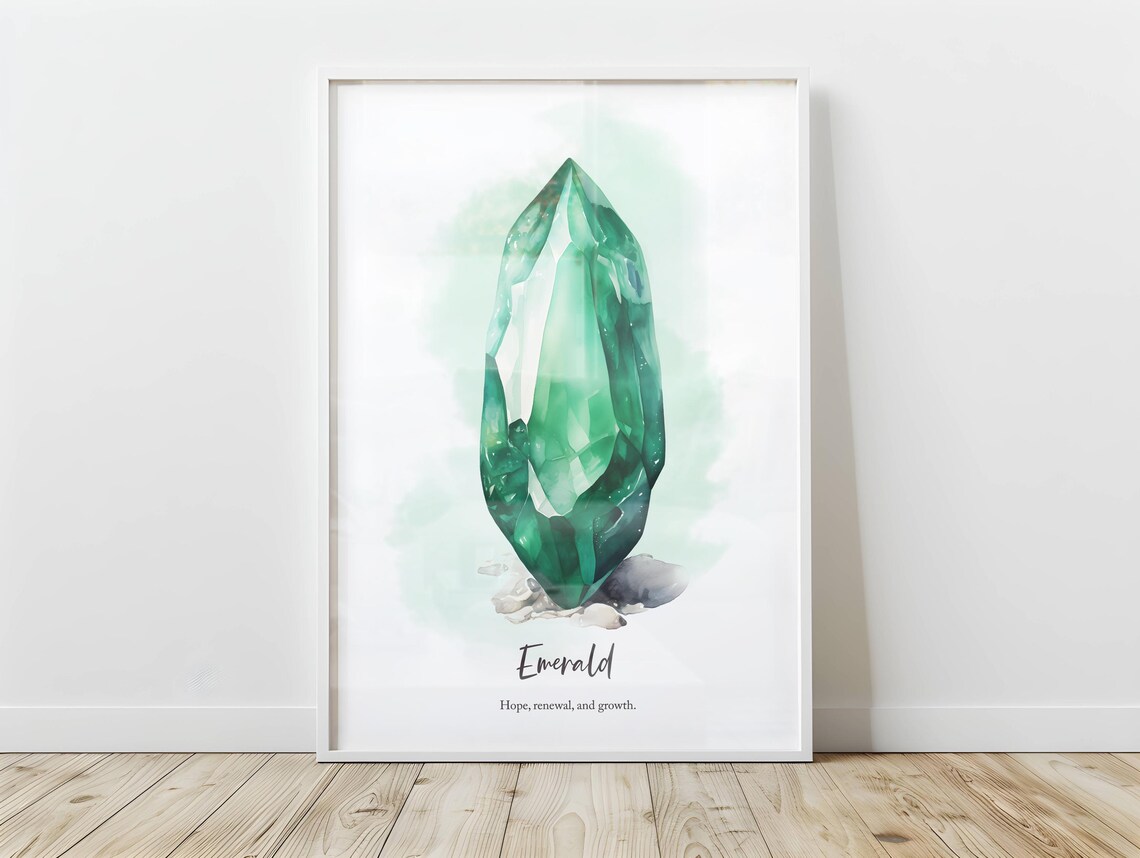 Emerald May Birthstone Watercolor Crystal Meaning Art Poster