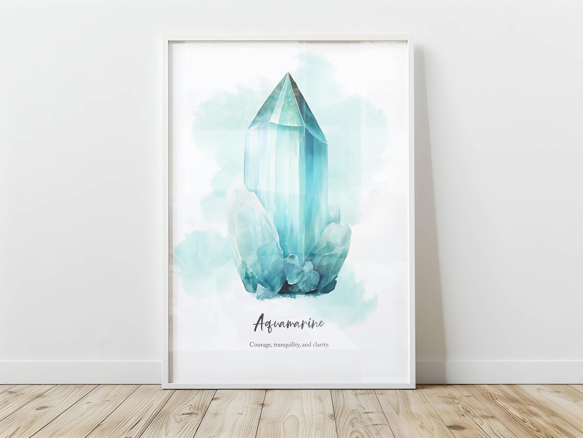 Aquamarine March Birthstone Crystal Watercolor Mineral Poster