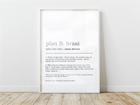 Funny Plan B Braai Definition Print South African Humor Wall Art Poster Dictionary