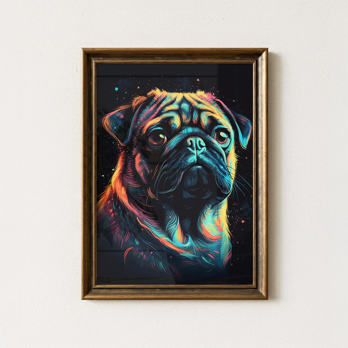 Colorful Neon Pug Dog Portrait Print Vibrant Pop Art Puppy Wall Decor