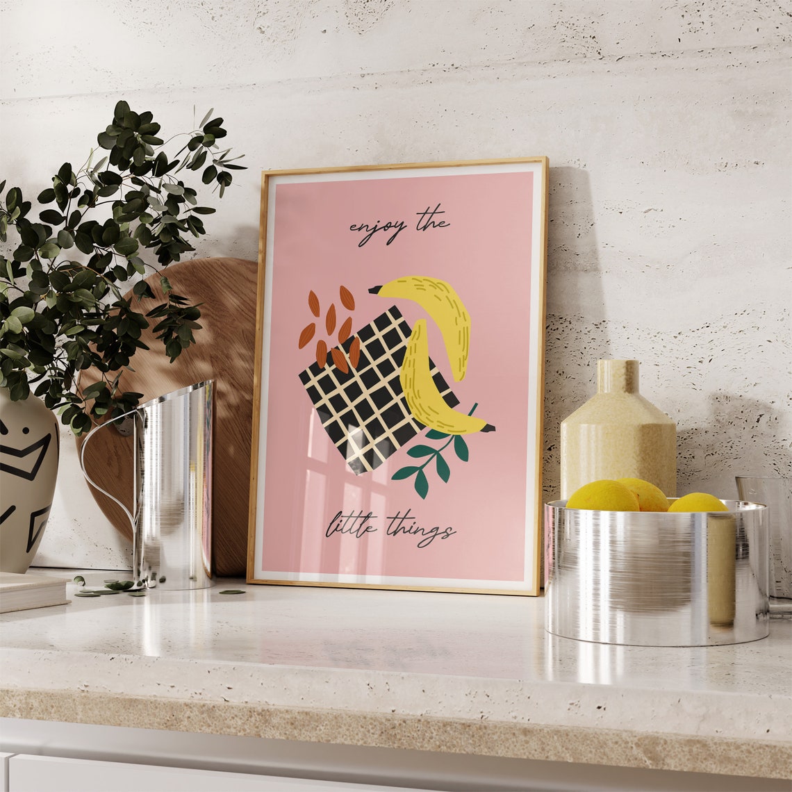 Enjoy the Little Things Banana Illustration Pink Kitchen Quote Poster - Image 2