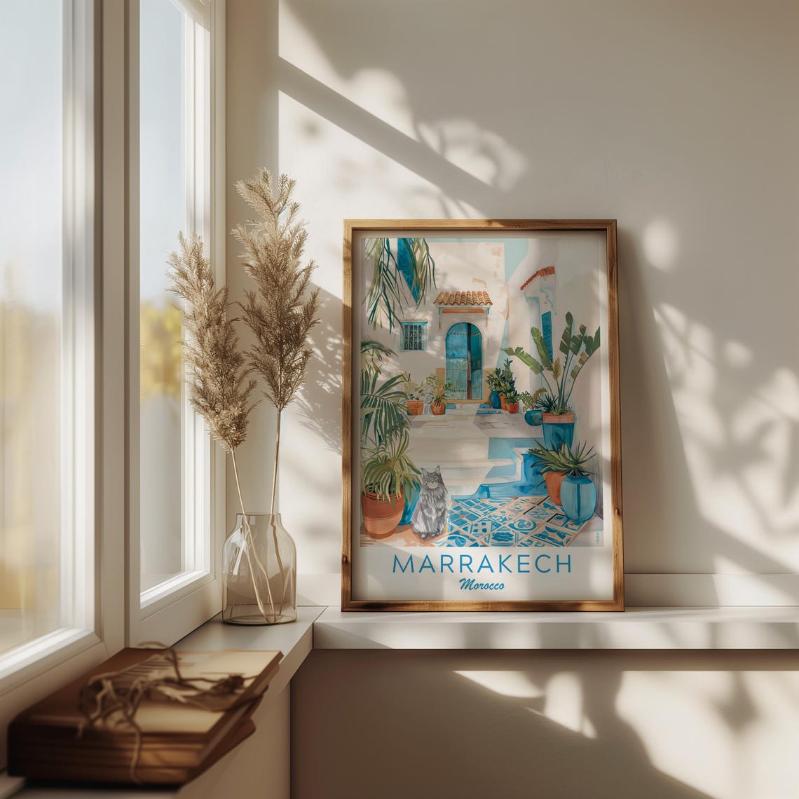 Marrakech Morocco Blue Courtyard Cat Potted Plants Mosaic Tiles Poster - Image 2