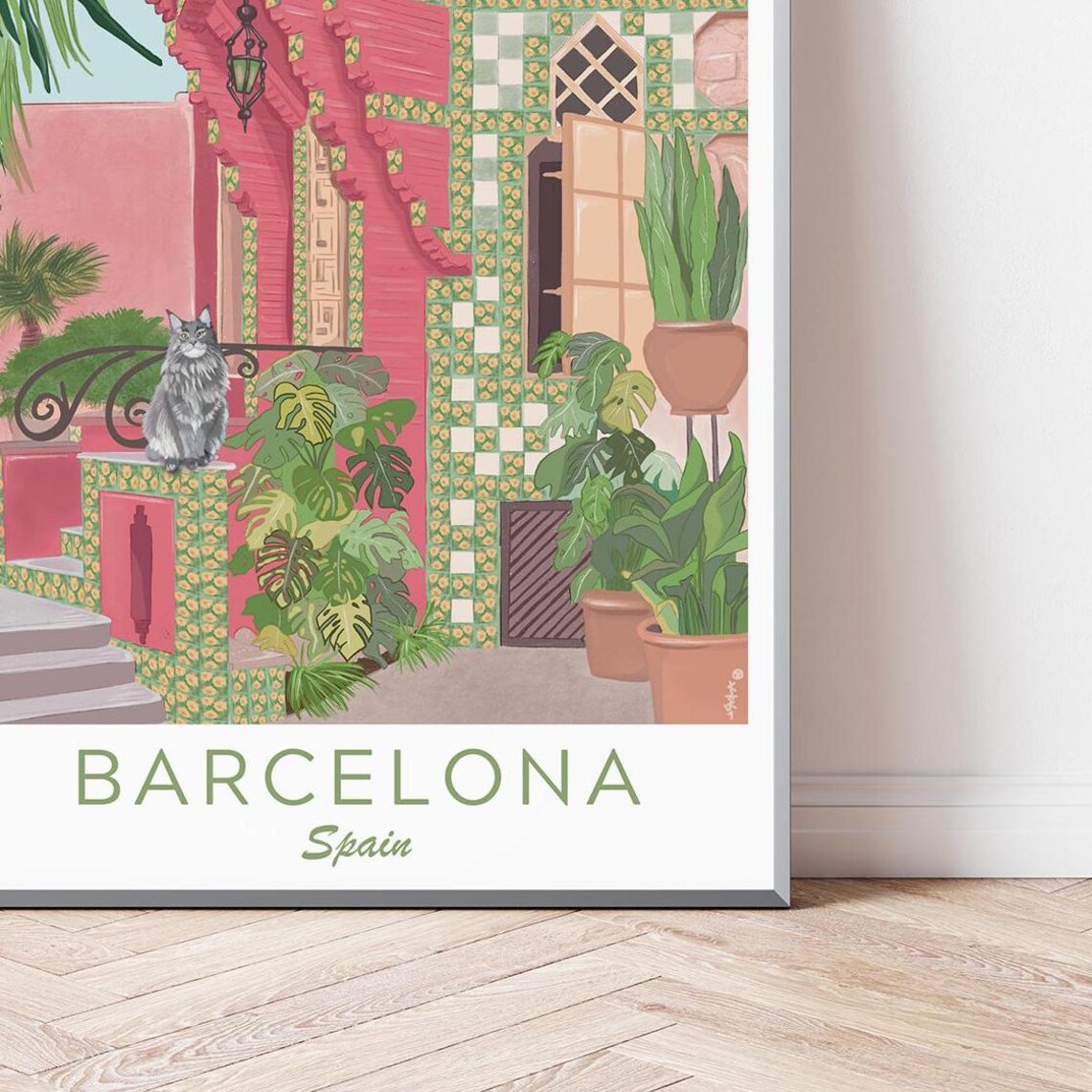 Barcelona Spain Gaudi Style Mosaic Facade Grey Cat Palm Trees Poster - Image 4