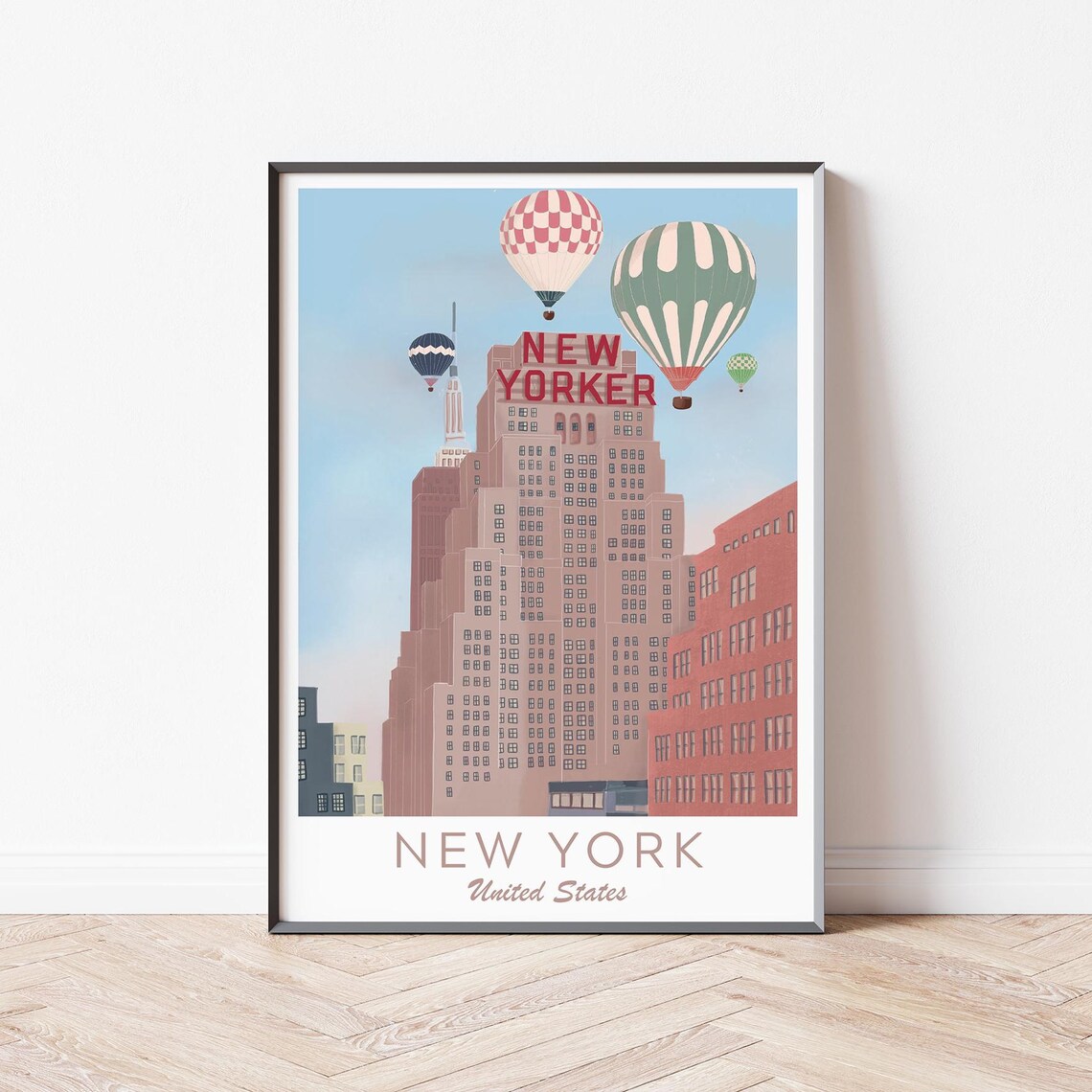New York City New Yorker Hotel Sign Hot Air Balloons Skyline Poster - Image 3