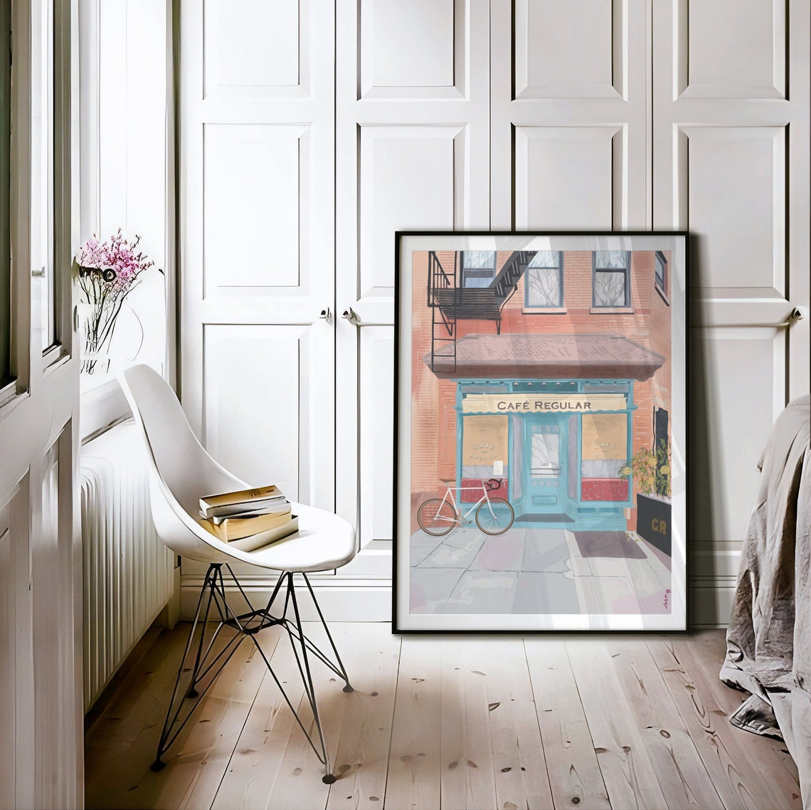 New York Teal Cafe Storefront White Road Bike Fire Escape Brick Poster - Image 4
