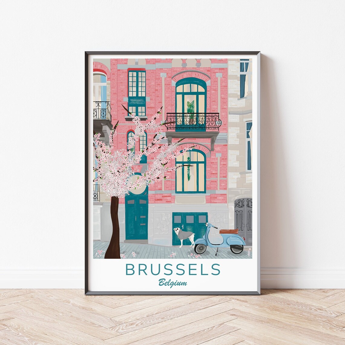 Brussels Belgium Pink Brick Townhouse Cherry Blossom Blue Scooter Poster - Image 4