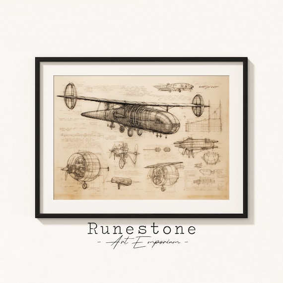 Antique Flying Machine Schematics, Steampunk Art Print