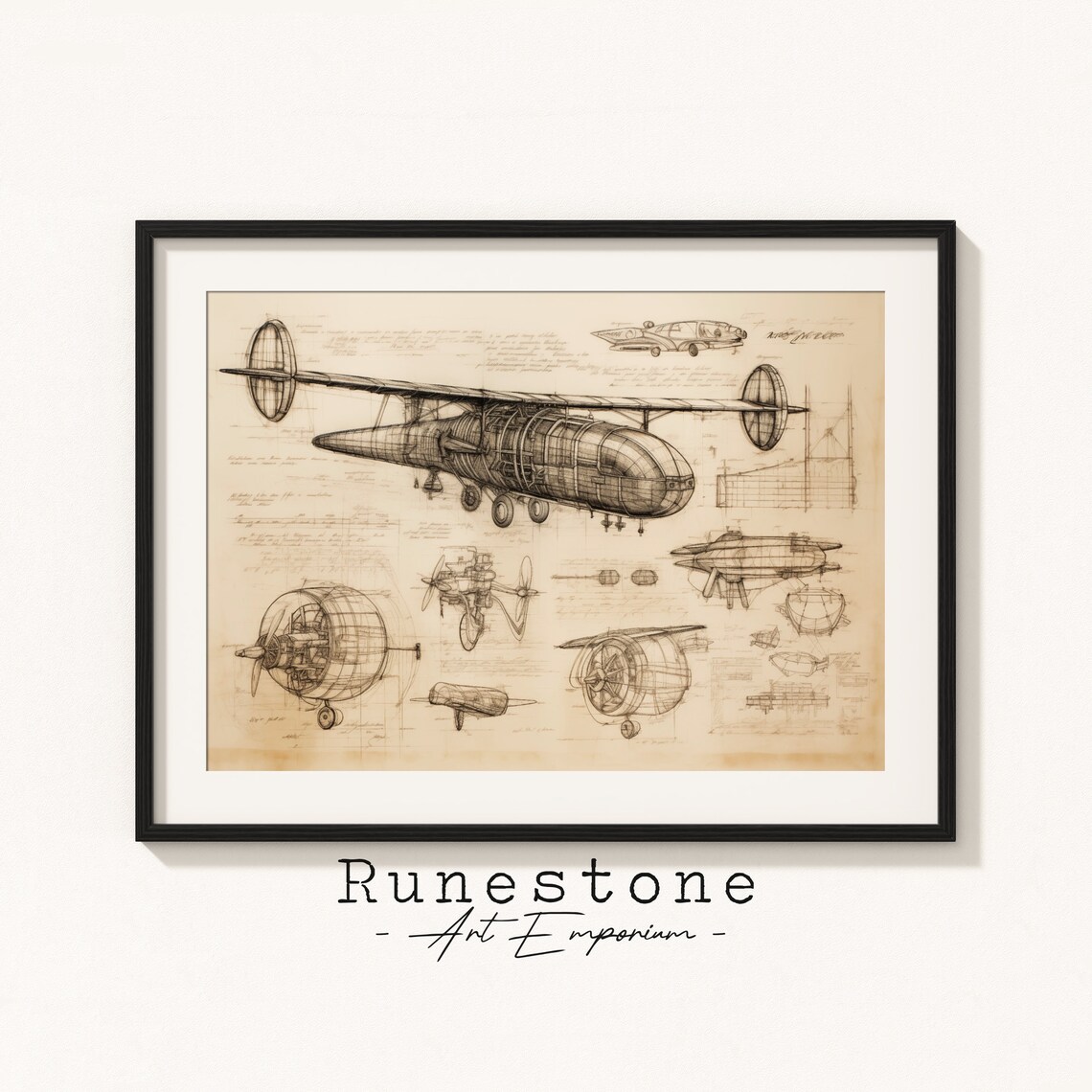 Antique Flying Machine Schematics, Steampunk Art Print