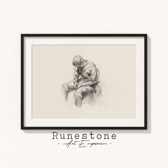 Moody Figure Sketch Mournful Drawing Sad Pensive Minimalism Pencil Home Decor Neutral Art Print