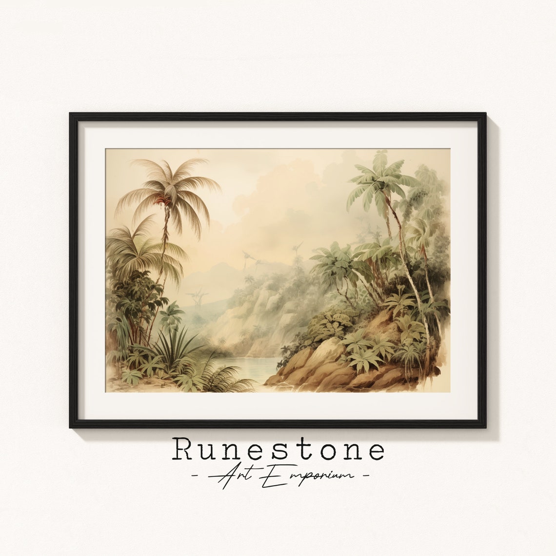 Serene Tropical River Palm Grove Vintage Jungle Scenic Poster