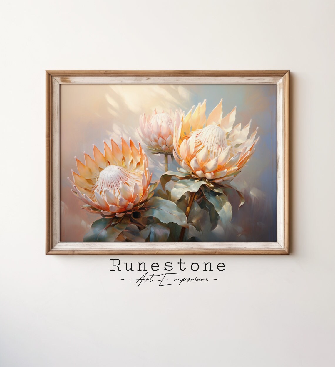 Protea Flowers Warm Orange Tones Soft Floral Oil Painting Print
