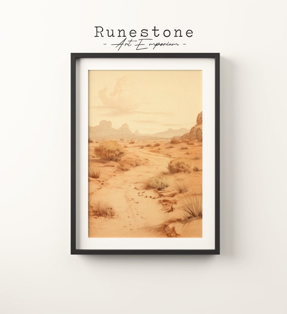 Vintage Desert Landscape Sketch Sahara Boho Wall Art Classic Bohemian Poster Hand Drawn Natural Scenery Print
