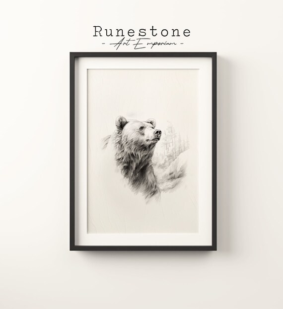 Vintage Bear Sketch Pencil Drawing Wildlife Head Minimalist Wall Art