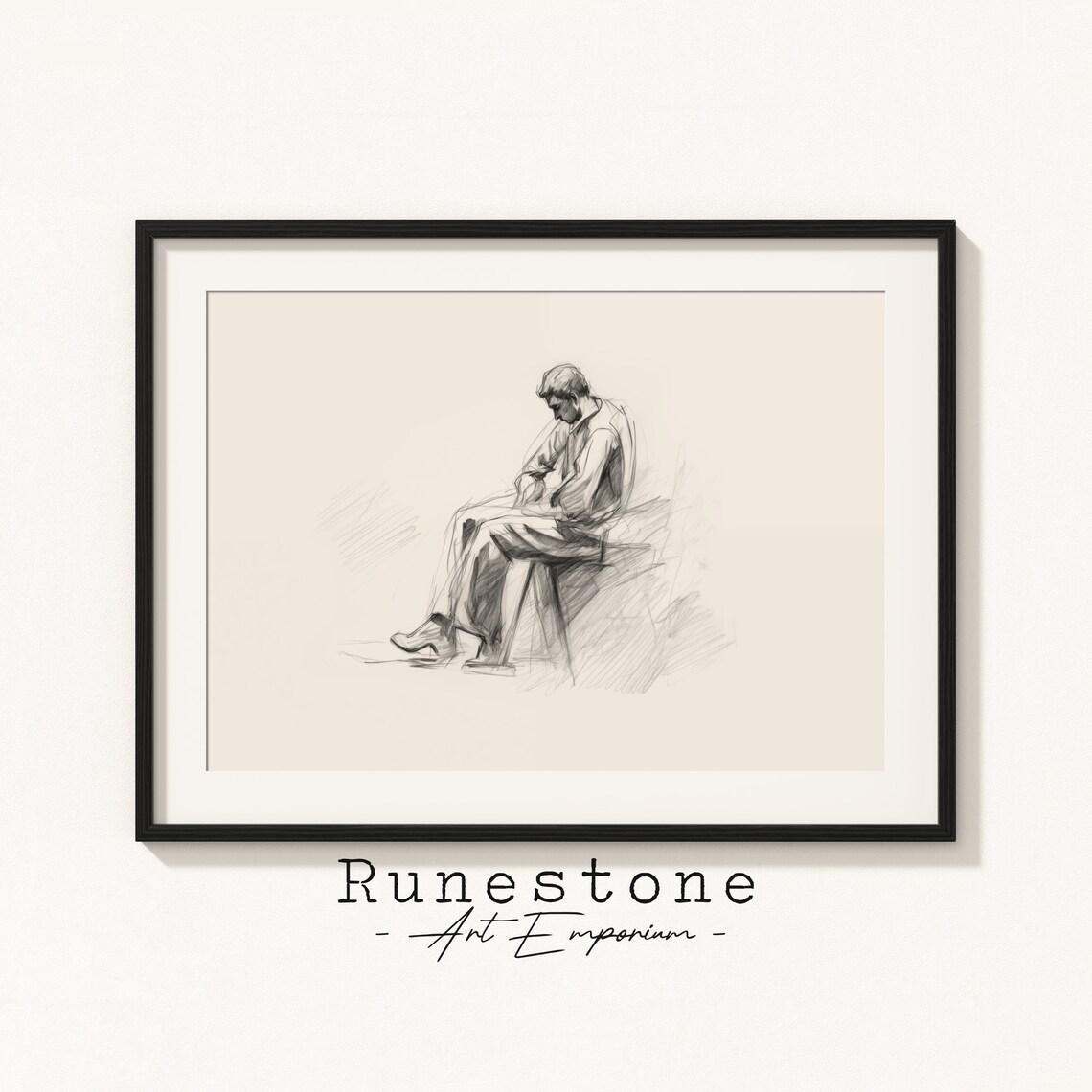 Pensive Seated Man Pencil Sketch Minimalist Figure Drawing Charcoal Print