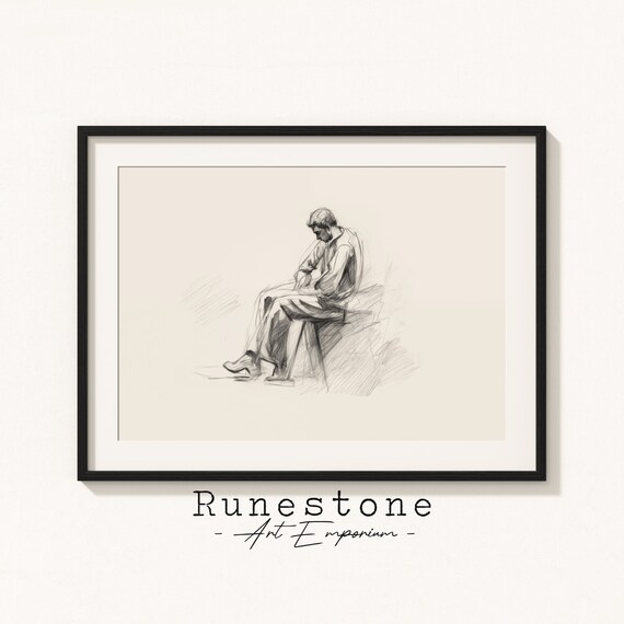 Melancholy Thinker Moody Figure Drawing Sad Pensive Minimalism Pencil Home Decor Neutral Art Print