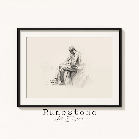 Pensive Seated Man Pencil Sketch Minimalist Figure Drawing Charcoal Print