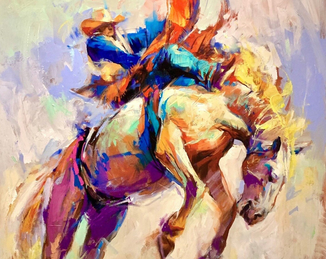 Cowboy Riding Bucking Bronco Rodeo Impressionist Western Art Poster