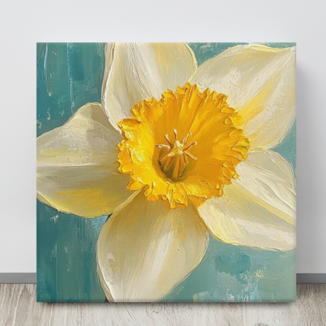 Yellow Daffodil Close Up Bloom Teal Background Oil Painting Poster