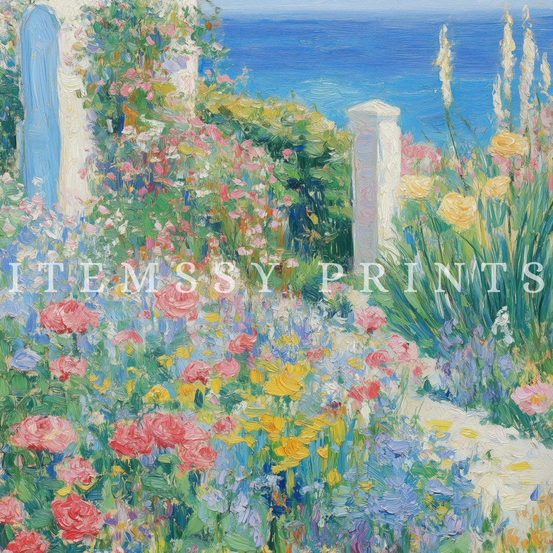 Mediterranean Cottage Garden Overlooking Sea Impressionist Wall Art - Image 2