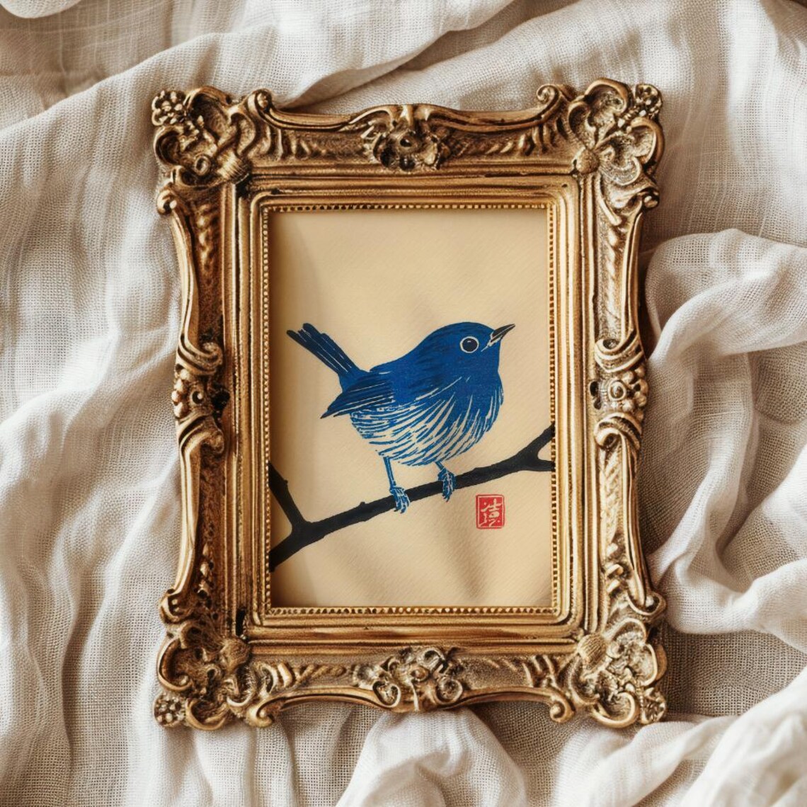 Bright Blue Songbird Resting On Branch Japanese Woodblock Print