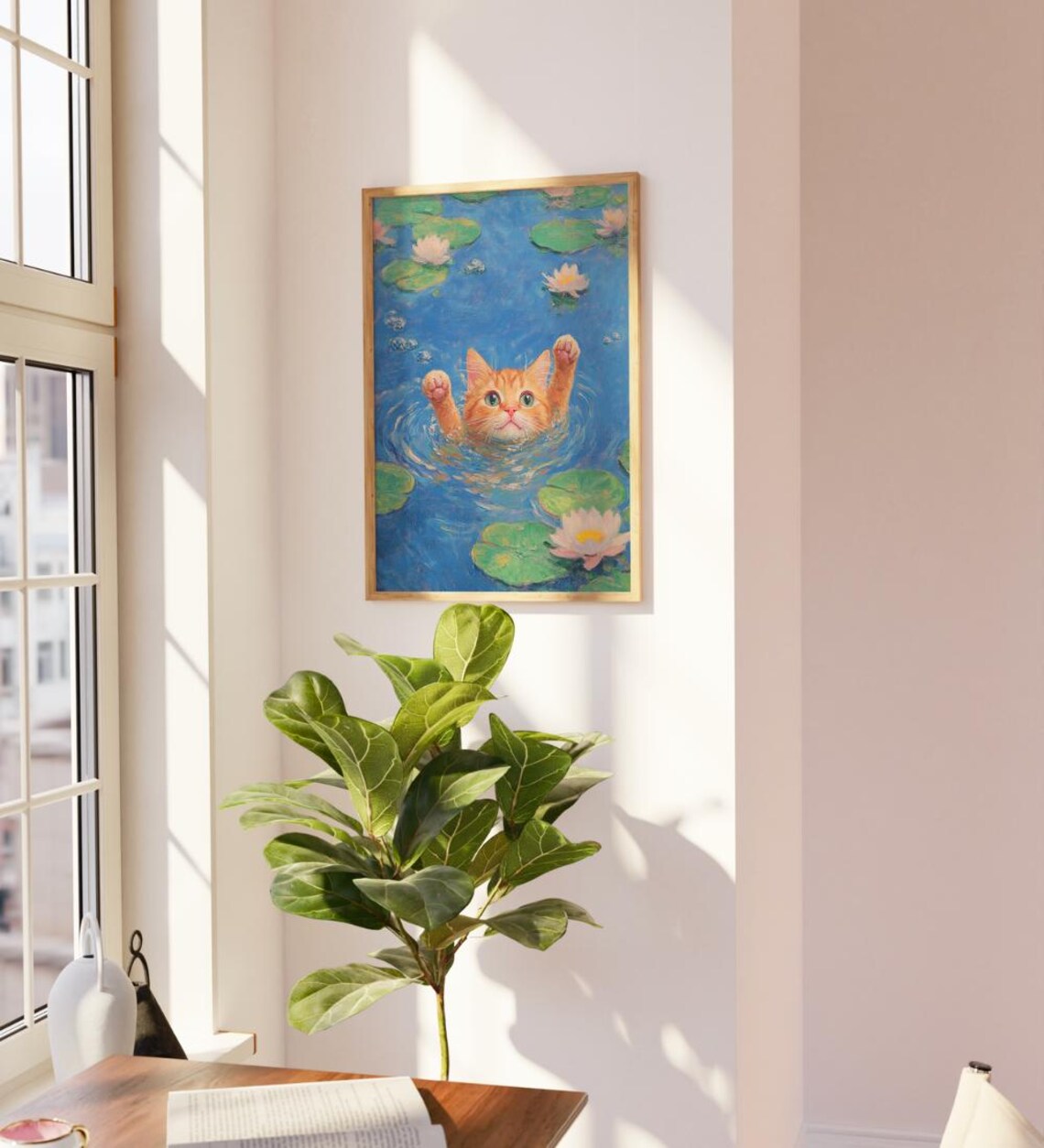 Orange Kitten Swimming Among Monet Style Water Lilies Funny Cat Art Poster - Image 4