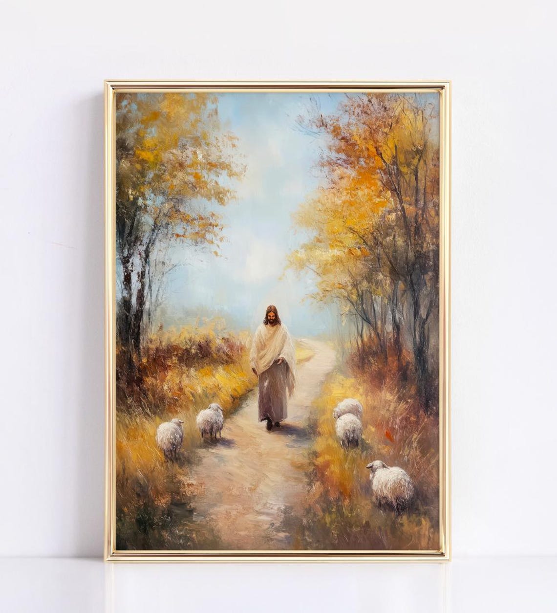 Jesus Walking Down Golden Autumn Path With Sheep Flock Poster