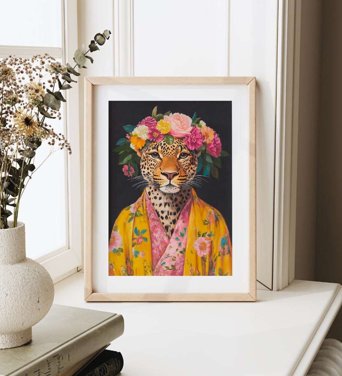 Leopard with a Flower Crown in a Floral Robe Maximalist Poster - Image 3