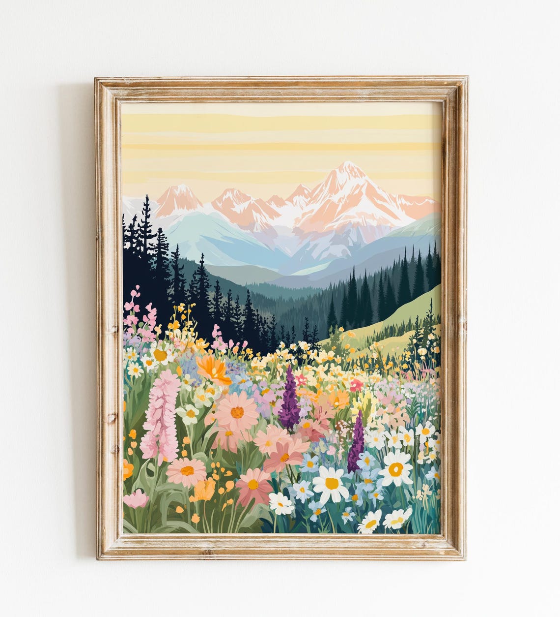 Mountain Wildflower Meadow Sunset Peaks Botanical Landscape Poster