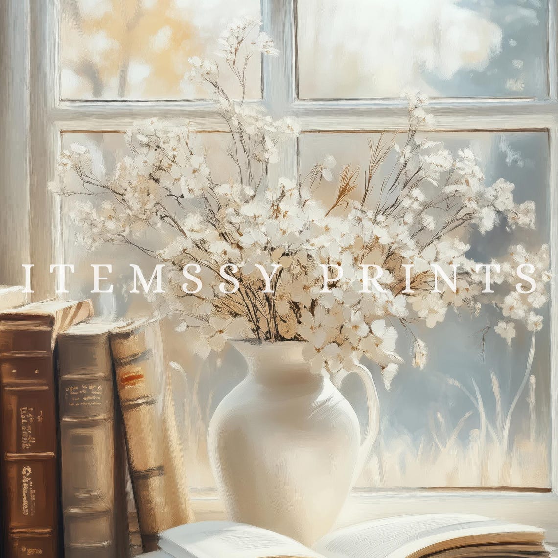 Books and Blossom Vase Window Still Life Cozy Reading Poster - Image 2