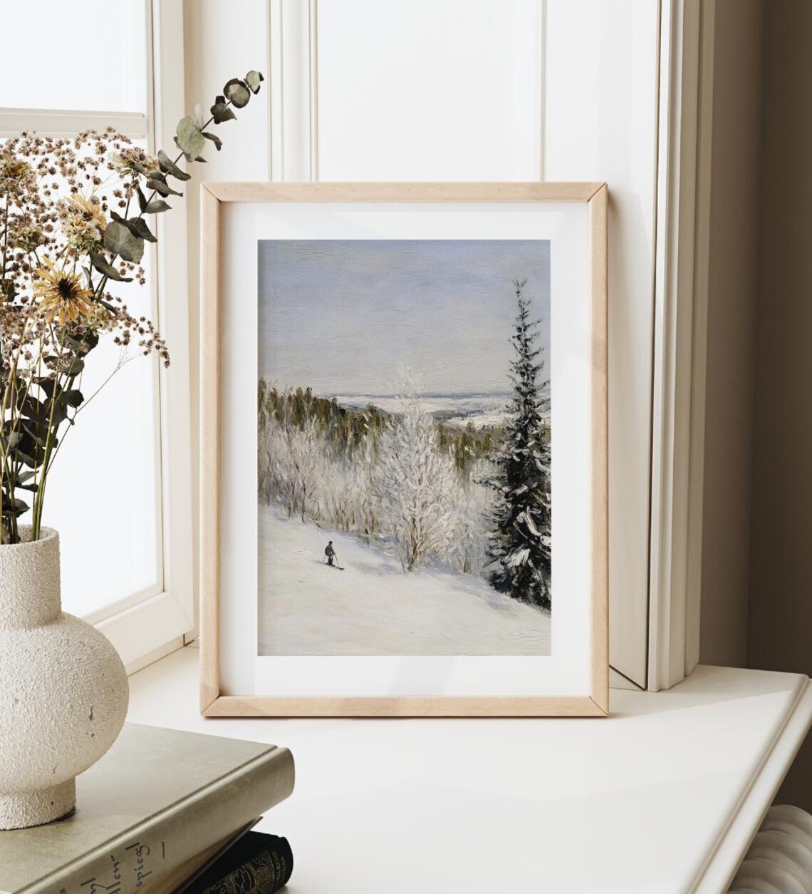 Lone Skier Descending Snowy Forest Slope Moody Winter Landscape Poster - Image 4