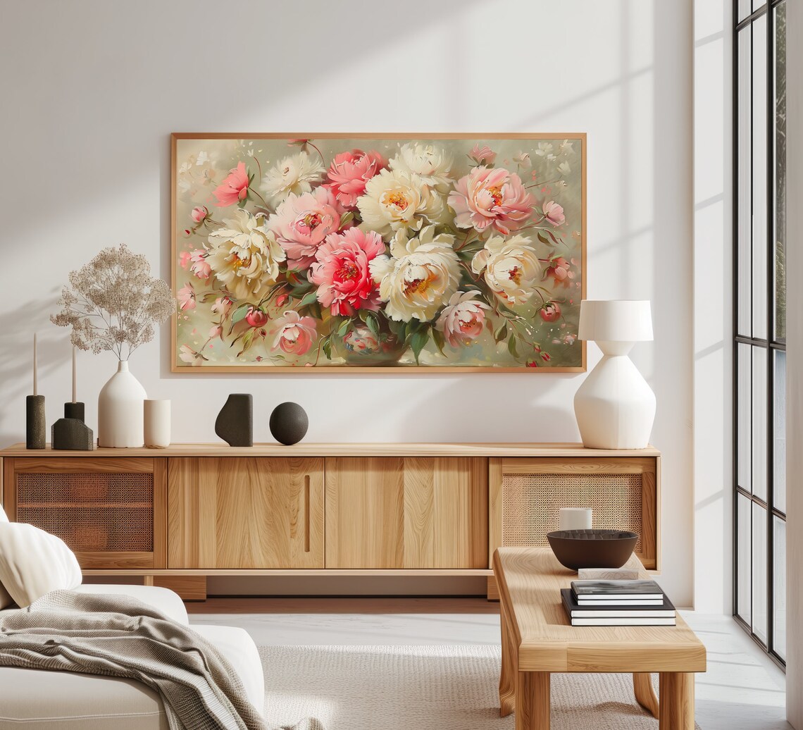 Blush Pink Peonies Vintage Oil Painting Spring Flower Bouquet Poster - Image 3