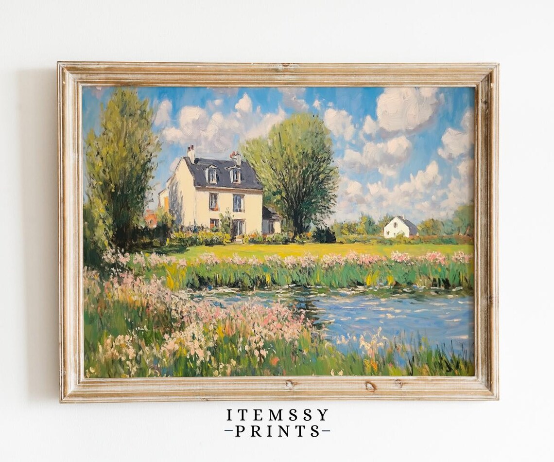 Impressionist Cottage Painting Wildflower Pond Country Art Poster