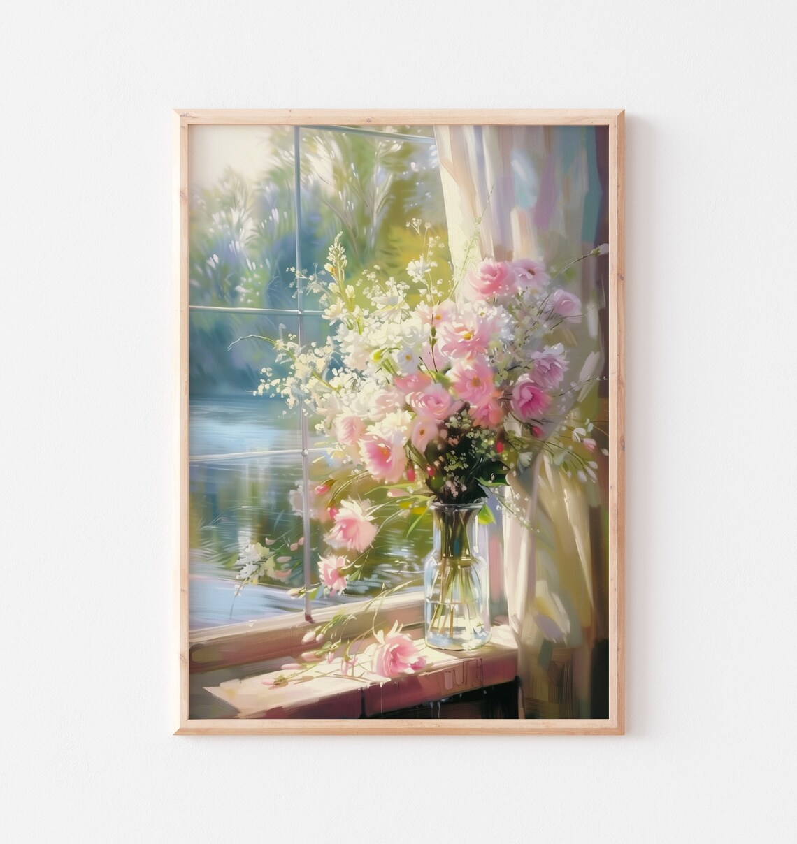 Pink Roses Wildflowers Glass Vase Sunny Windowsill Water View Poster - Image 3