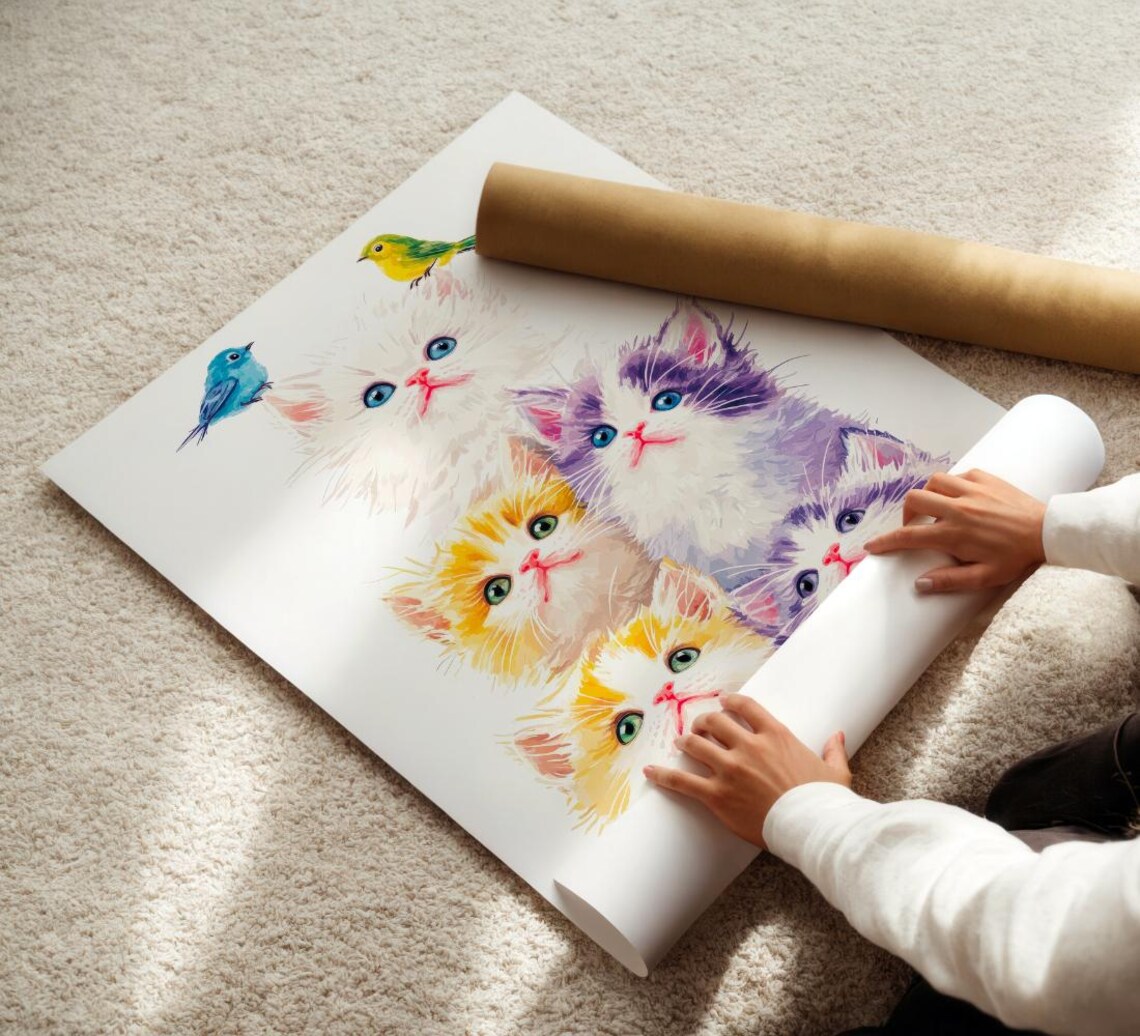 Five Watercolor Kittens With Birds Cute Pastel Nursery Poster - Image 2