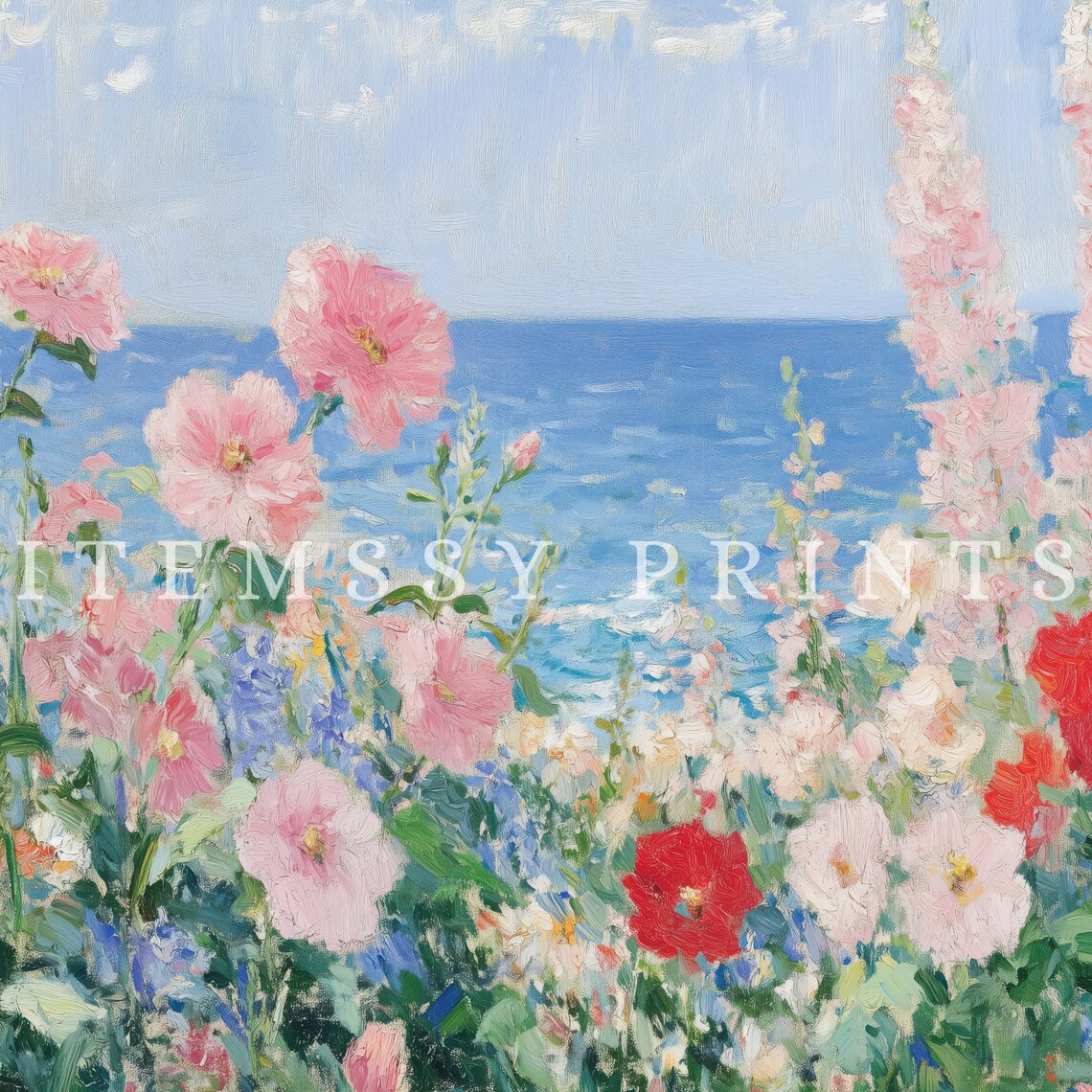 Seaside Wildflower Garden Hollyhock Poppy Ocean View Painting Poster - Image 2