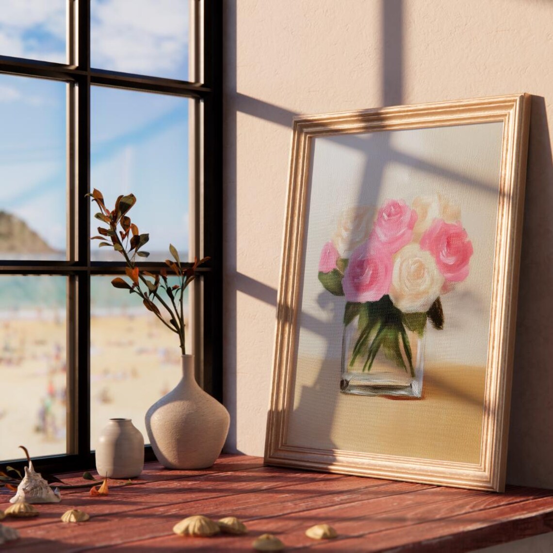 Pink White Peonies Glass Cube Vase Floral Still Life Art Print - Image 2