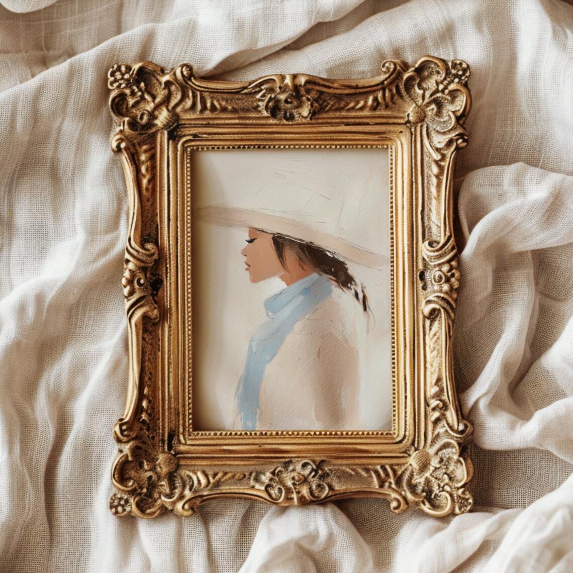 Woman in White Wide Brim Hat Profile Soft Neutral Portrait Oil Poster - Image 2
