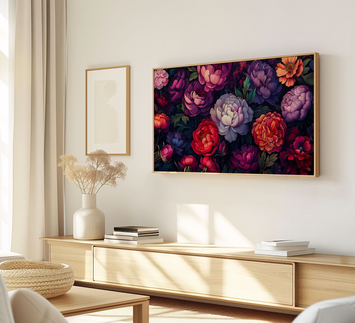 Vivid Peony Blossoms Moody Dark Background Red Purple Floral Poster - Image 2