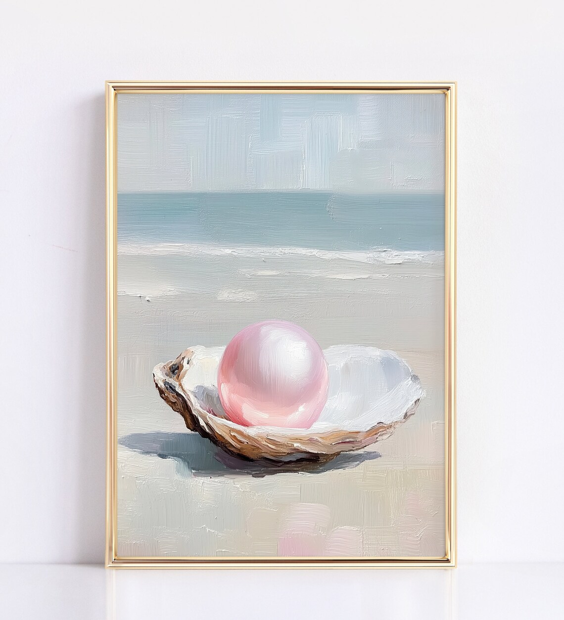 Pink Pearl in Oyster Shell on Beach Coastal Watercolor Wall Art - Image 3