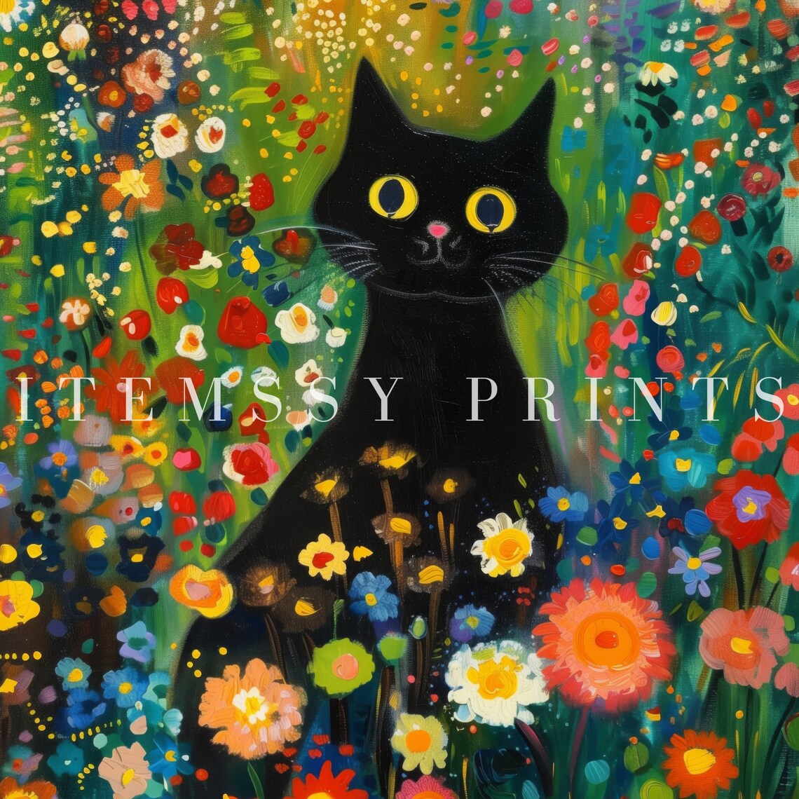 Black Cat with Yellow Eyes in Blooming Wildflower Garden Painting Poster - Image 2