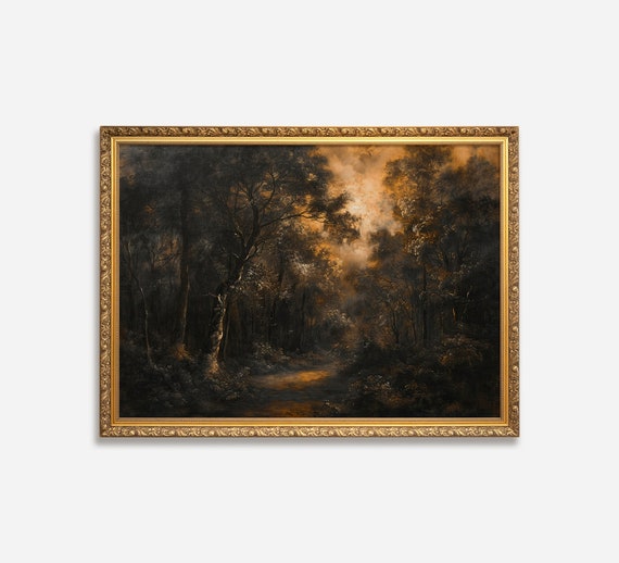 Vintage Moody Abstract Landscape Painting Dark Wall Art Antique Forest Print Wall Decor Rustic Home Decor